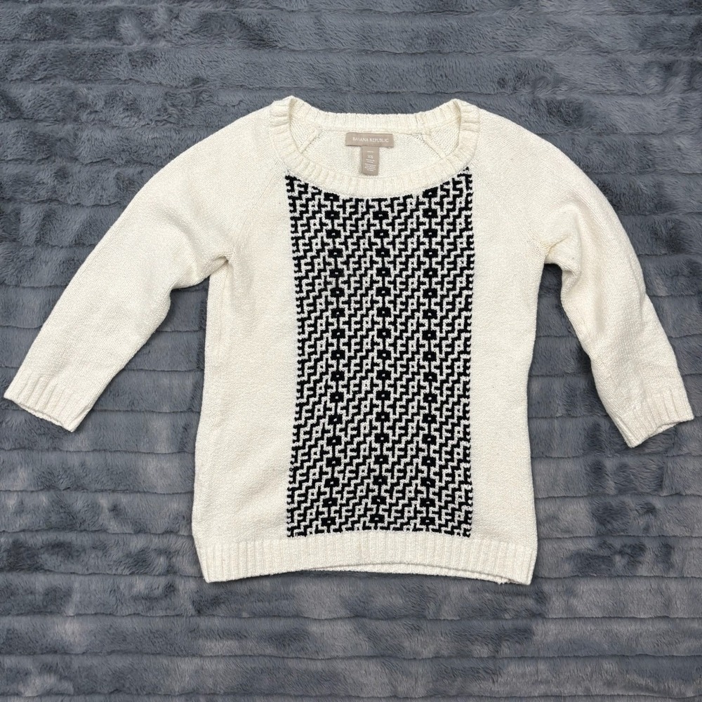 Banana Republic Petite XS Sweater Cream Black Geometric Silk Blend Knit Top